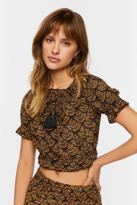 Women's Ornate Print Puff-Sleeve Crop Top in Brown Small