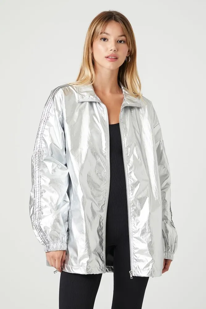 Women's Metallic Toggle Drawstring Shacket in Silver Small