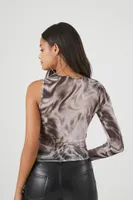 Women's Abstract Print One-Sleeve Mesh Top in Grey Small