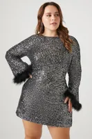 Women's Feather-Trim Mini Dress in Black/Silver, 1X