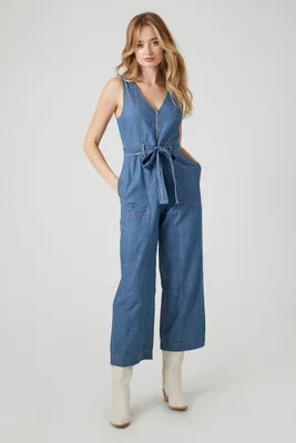 Women's Denim Tie-Front Wide-Leg Jumpsuit in Medium Denim Small