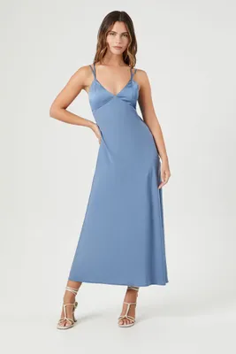 Women's Strappy Satin Cami Midi Dress in Dusty Blue Medium