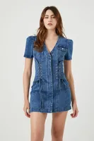 Women's Lace-Up Denim Mini Dress in Medium Denim, XS