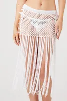 Women's Crochet Fringe Swim Cover-Up Skirt in White Small