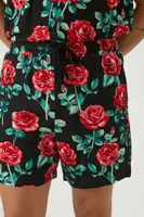 Men Rose Print Drawstring Shorts in Black, XL