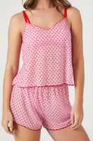 Women's Mesh Heart Cami & Shorts Pajama Set in Pink/Red Small