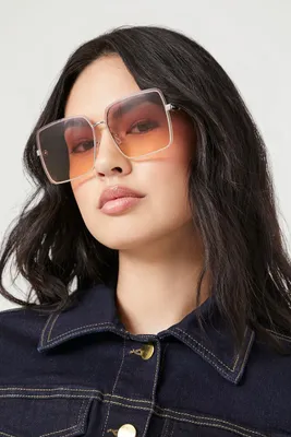 Oversized Square Frame Sunglasses in Silver/Peach