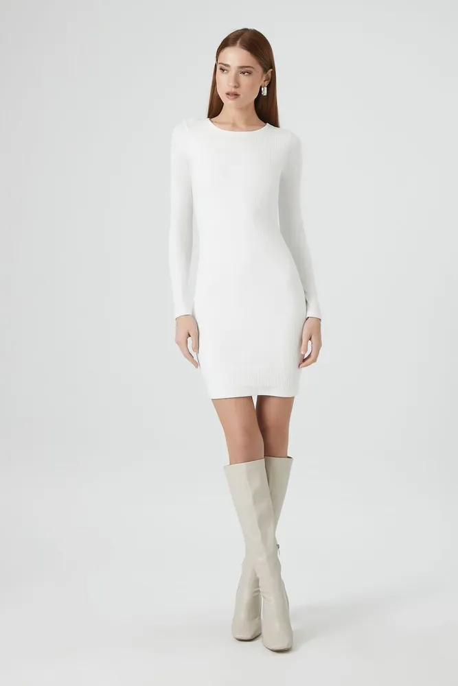 Women's Ribbed Knit Bodycon Mini Dress in White Medium