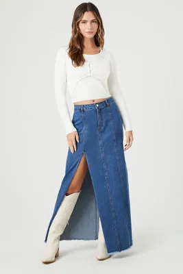 Women's Frayed Denim Slit Maxi Skirt , XS