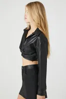 Women's Faux Leather Ruched Crop Top in Black, XL
