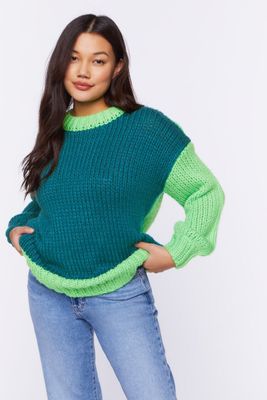 Women's Colorblock Purl Knit Sweater in Teal/Green Large