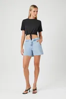 Women's Drawstring Short-Sleeve Crop Top in Black Large