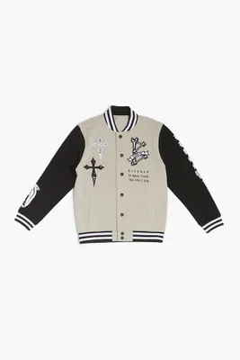 Kids Letterman Bomber Jacket (Girls + Boys) in Black/Cream, 11/12