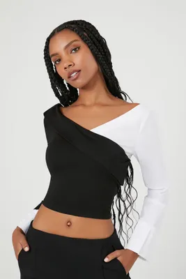 Women's Colorblock Surplice Crop Top in Black/White, XL