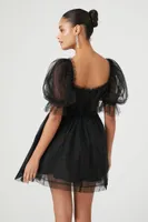 Women's Babydoll Puff-Sleeve Mini Dress in Black Medium