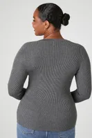 Women's Ribbed Knit Henley Top in Heather Grey, 3X