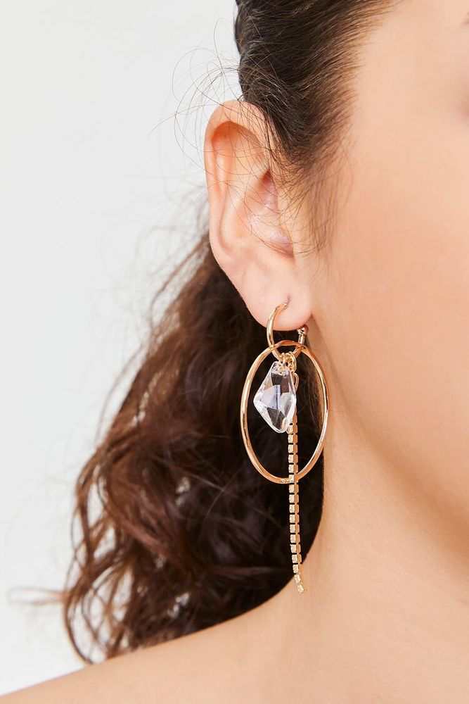 Women's Faux Gem Dual-Hoop Drop Earrings in Gold/Clear