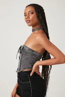 Women's Lace-Up Denim Tube Top in Washed Black Small