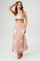 Women's Ornate Print Crop Top & Skirt Set in Rust Small