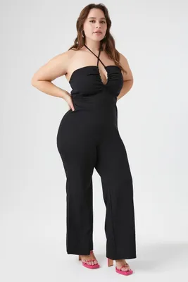 Women's Wide-Leg Halter Jumpsuit in Black, 1X