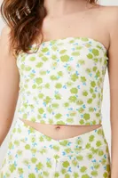 Women's Floral Print Cropped Tube Top in Blue/Green Small