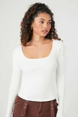 Women's Square-Neck Long-Sleeve Top in White, XL