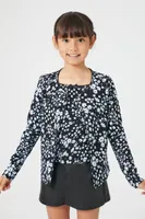 Girls Floral Print Cami & Cardigan Sweater Set (Kids) in Black/Blue, 11/12
