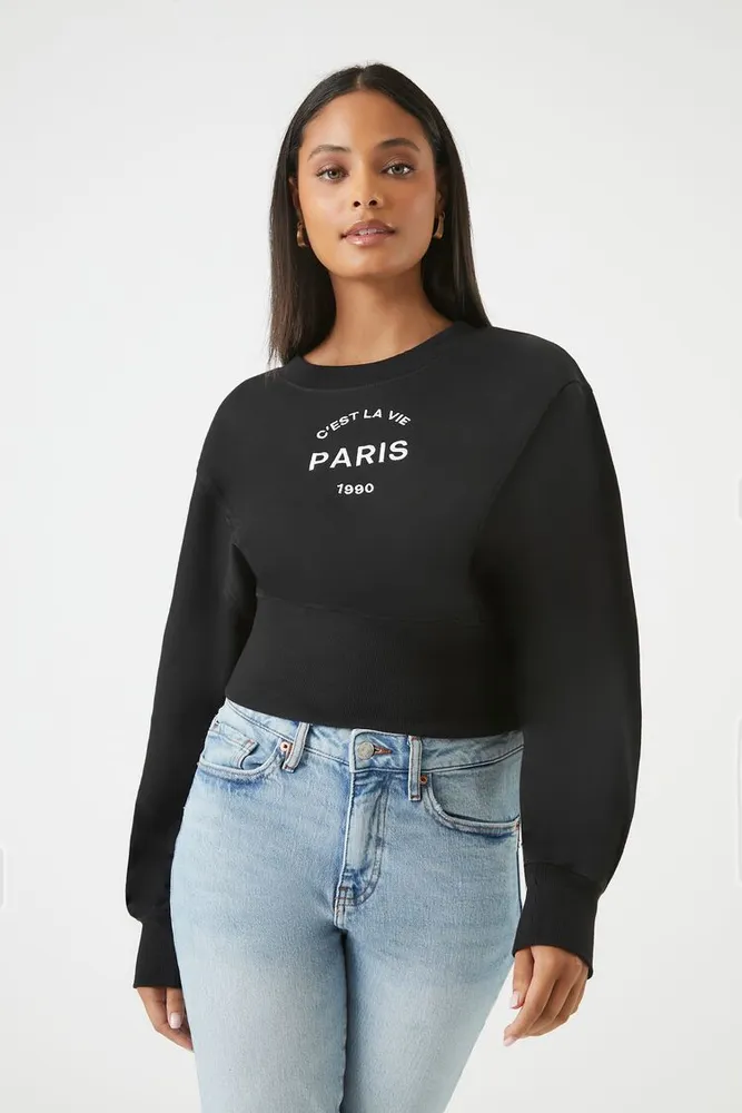 Forever 21 Women's Embroidered Paris Pullover in Black/White