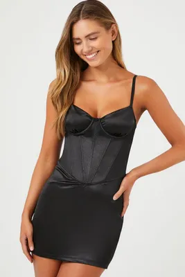 Women's Satin Corset Lingerie Slip Dress in Black Small