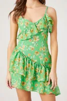 Women's Ruffled Floral Print Mini Dress in Green Medium