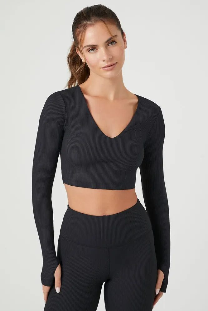 Women's Active Thumbhole Crop Top in Black Small