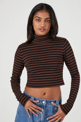 Women's Striped Turtleneck Sweater in Brown/Black, XL