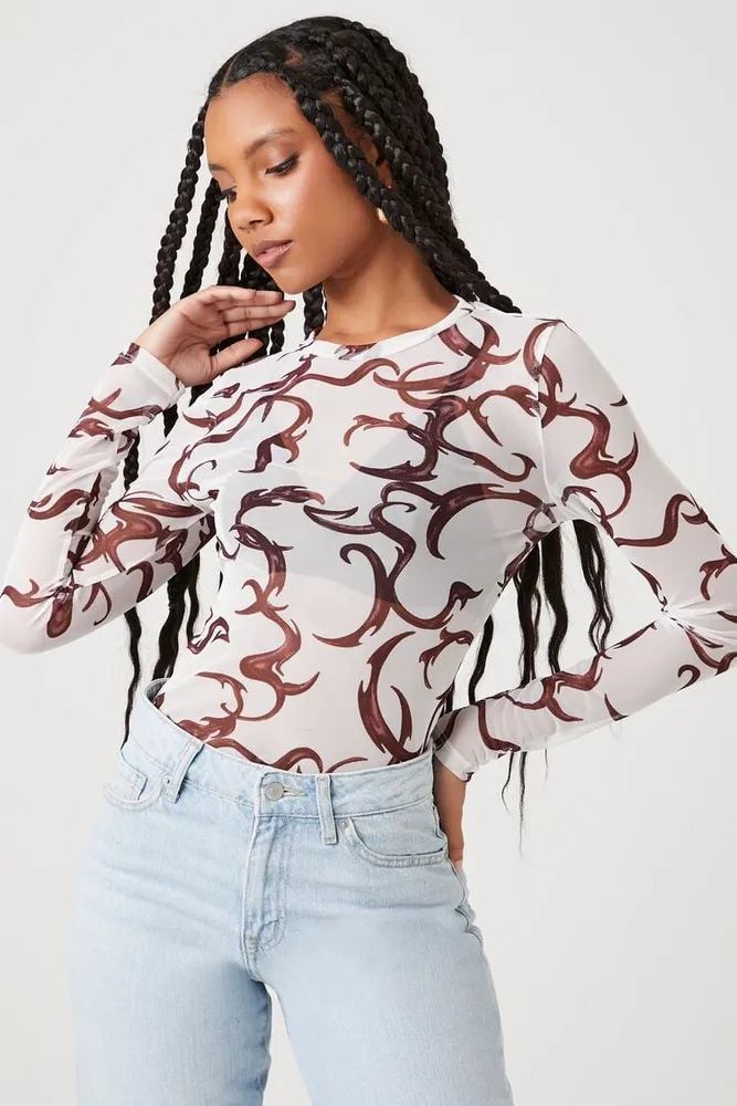 Women's Mesh Abstract Print Top in Brown Large