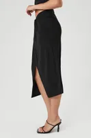 Women's Ruched Twisted Slit Midi Skirt in Black, XS