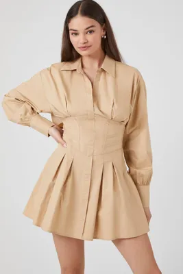 Women's Mini Corset Shirt Dress in Taupe Large