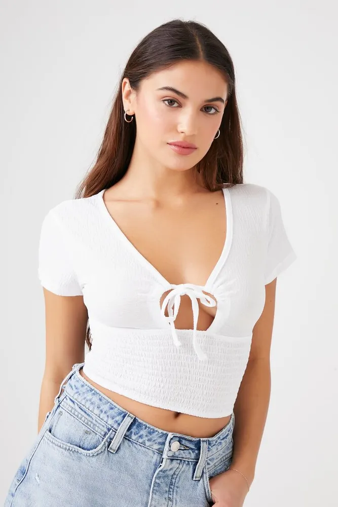 Women's Smocked Cutout Crop Top in White Small