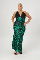 Women's Satin Leopard Maxi Slip Dress in Emerald/Black, 1X