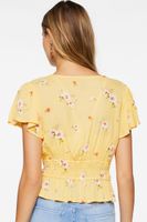 Women's Plunging Floral Print Top in Yellow Small