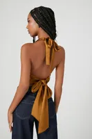 Women's Satin Cowl Halter Crop Top in Cigar Large