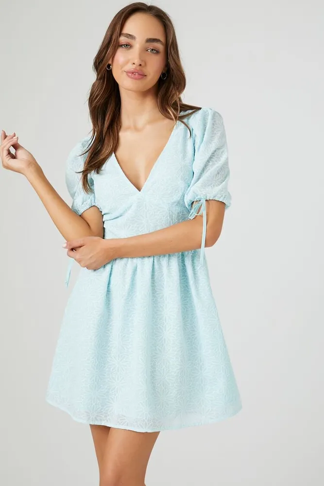 Women's Floral Puff-Sleeve Dress in Light Blue Medium