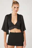 Women's Plunging Kimono-Sleeve Crop Top in Black Medium