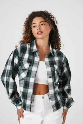 Women's Plaid Flannel Cropped Shirt in Dark Green/White Large