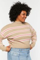 Women's Striped Mock Neck Cropped Sweater in Khaki/Peony, 0X