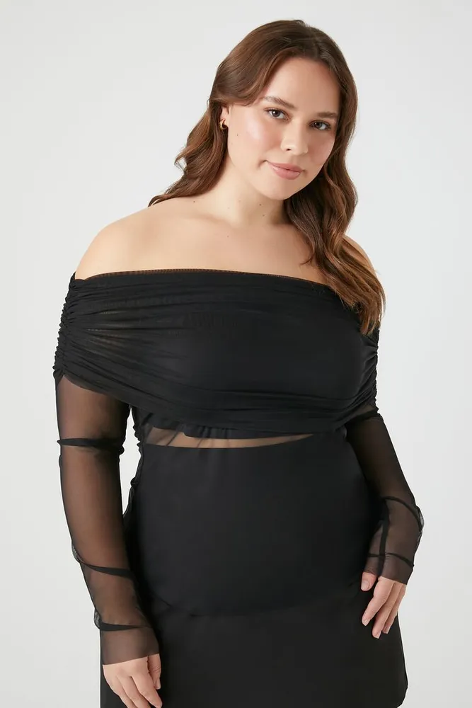 Women's Mesh Off-the-Shoulder Top in Black, 3X