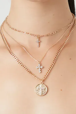Women's Layered Rhinestone Cross Necklace in Gold/Clear