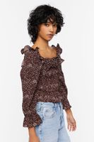 Women's Speckled Print Trumpet-Sleeve Top in Brown/Ivory Small