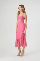 Women's Lace Bustier Cami Midi Dress in Hot Pink Small