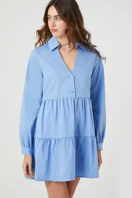 Women's Poplin Tiered Mini Shirt Dress in Blue Medium