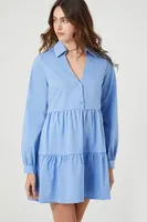 Women's Poplin Tiered Mini Shirt Dress in Blue Small