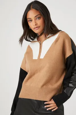 Women's Colorblock Sweater-Knit Pullover in Brown Medium